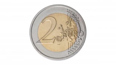 Euro madeni para hareketini durdurma animasyonu. Çerçeve animasyon euro sikkeleri beyaz arka planda izole edilmiş bir şekilde yakın plan çekiliyor. Ekonomi, finans, iş dünyası, yatırım başarı kavramı.