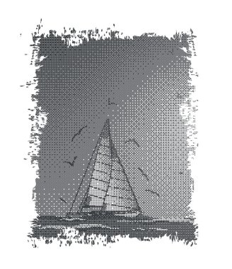 Soyut yelkenli, martı ve deniz. Vector.Suitable etiket olarak bir 
