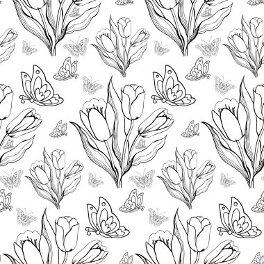 Lale ve kelebekler ile sorunsuz yinelenen desen. Vektör