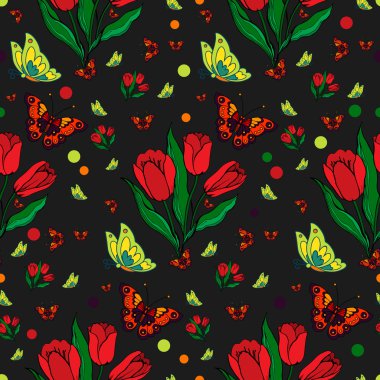 Renkli kelebekler ve Lale ile sorunsuz yinelenen desen.