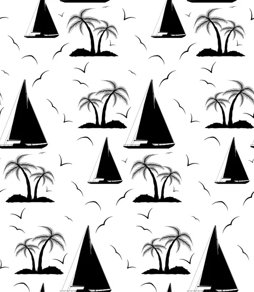 En sömlös upprepande mönster av palmer och segelfartyg. VEC — Stock vektor