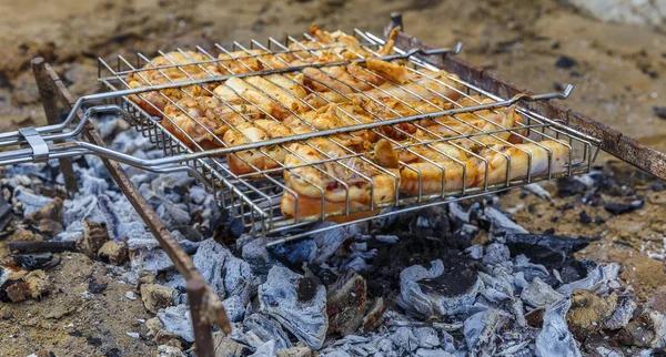 ビーチ (ソフト フォーカスで串で鶏を調理) — ストック写真