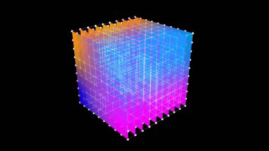 Renkli üç boyutlu tel küp çizgiler ve noktalar. 3d oluşturma