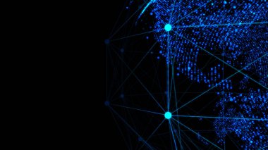 Siyah arkaplandaki noktalardan oluşan 3D kablo küresi. Teknoloji geçmişi. 3d oluşturma