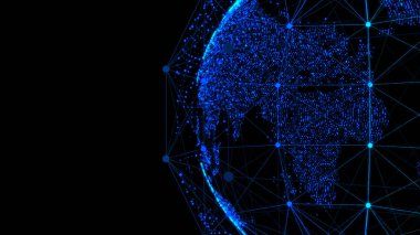 Siyah arkaplandaki noktalardan oluşan 3D kablo küresi. Teknoloji geçmişi. 3d oluşturma