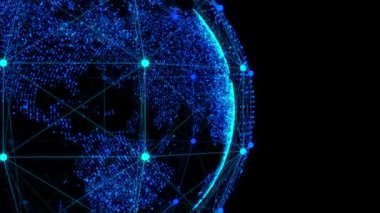 Siyah arkaplandaki noktalardan oluşan 4k 3d 'lik bir kablo küresi. Teknoloji geçmişi. 3d oluşturma