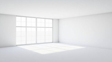 Penceresinde olay lambası olan beyaz bir oda. 3d hazırlayıcı