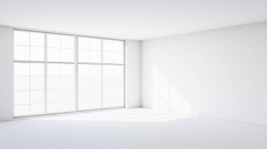 Penceresinde olay lambası olan beyaz bir oda. 3d hazırlayıcı