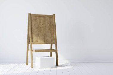 Wooden easel standing in an empty white room. 3d rendering
