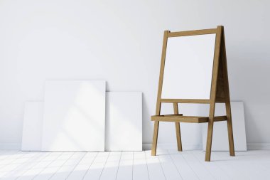 Wooden easel standing in an empty white room. 3d rendering