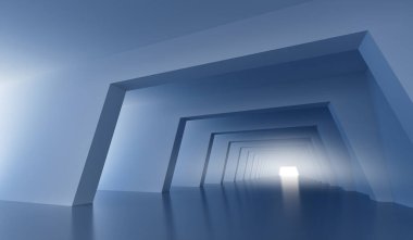 Üç boyutlu soyut fütüristik koridor ve sonunda beyaz ışık. 3d oluşturma