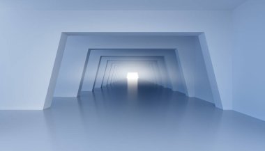 Üç boyutlu soyut fütüristik koridor ve sonunda beyaz ışık. 3d oluşturma