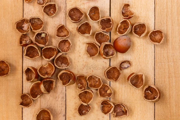 Shells of nuts on wooden boards — Stock Photo, Image