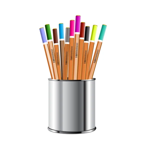 Ensemble de crayons de couleur dans un étui à crayons en métal — Photo