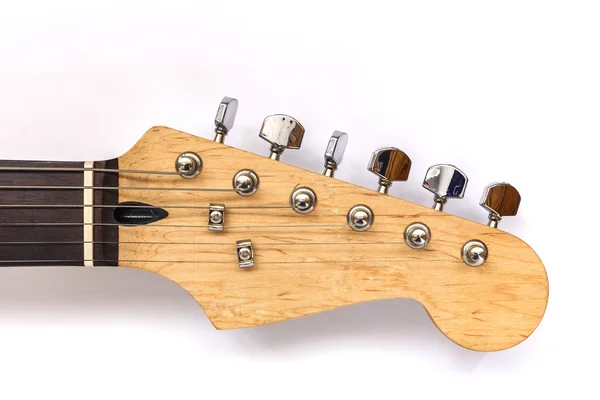 Pescoço elétrico Guitarra, headstock guitarras e afinadores em um ba branco — Fotografia de Stock