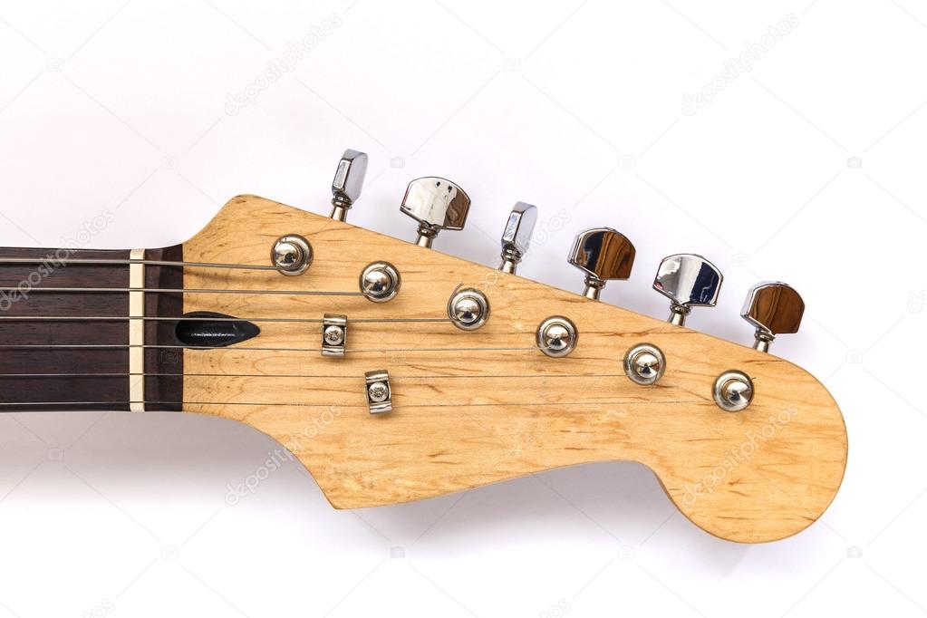 Neck electric Guitar, headstock guitars and tuners on a white ba