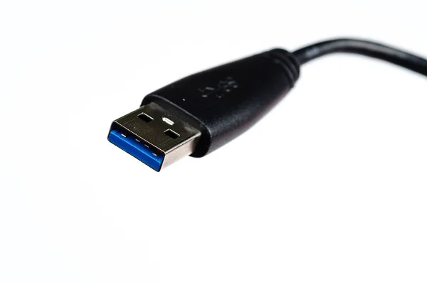 Conector USB 3.0, plug-in de alta velocidade, no fundo branco, close-up — Fotografia de Stock