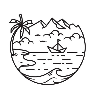Line Art Beach dalgası, palmiye teknesi karalama logosu şablonu