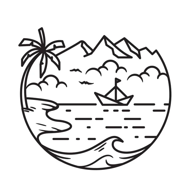 Line Art Strand Welle Palmenboot Meer Doodle Logo Vorlage — Stockvektor