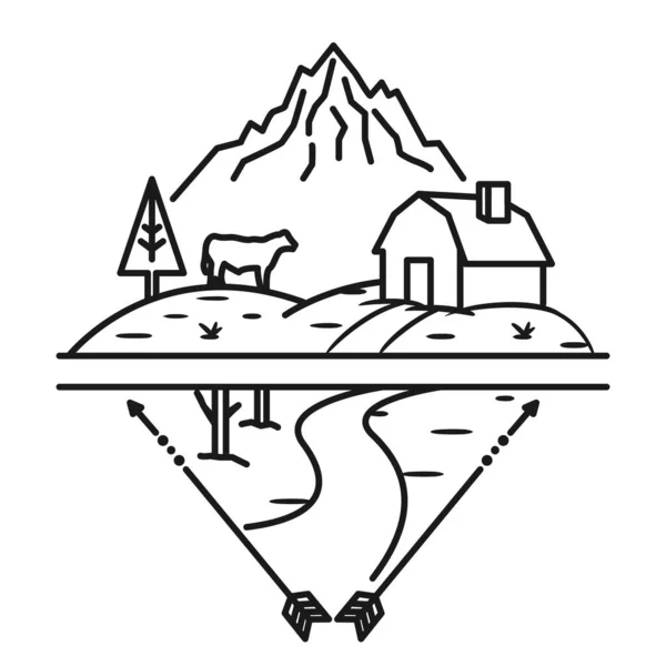 Ferme Vache Montagne Ligne Art Logo Modèle — Image vectorielle