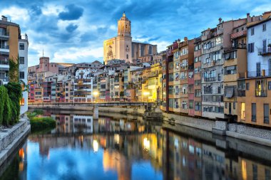Cathedral and colorful houses in Girona clipart