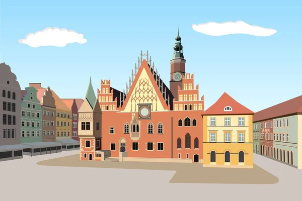 Ayuntamiento Gótico Wroclaw Polonia Ilustración Vectorial Detallada — Vector de stock