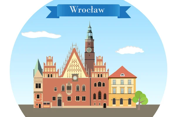 ポーランド ヴロツワフのゴシック様式の市庁舎 詳細なベクトル図 — ストックベクタ