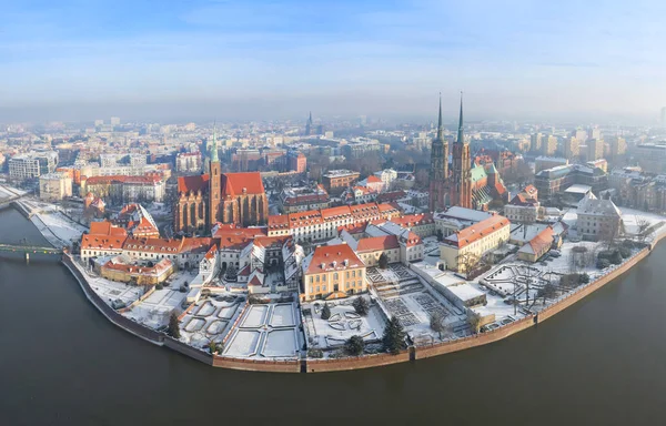 Sezon Zimowy Wrocławiu Panoramiczny Pejzaż Lotniczy Ostrowa Tumskiego Wyspa Katedralna — Zdjęcie stockowe