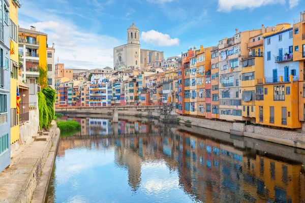 Girona Espagne Vue Cathédrale Des Maisons Colorées Reflétant Dans Rivière — Photo