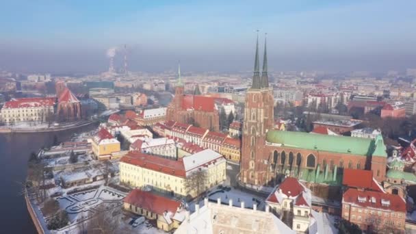 Wroclaw Pologne Paysage Urbain Hivernal Dessus Ostrow Tumski Cathédrale Île — Video