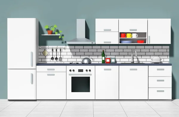 Blanco Moderno Interior Cocina Renderizado Ilustración — Foto de Stock