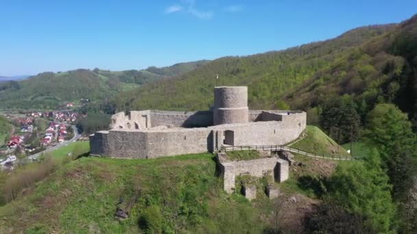 Ruinen Einer Mittelalterlichen Burg Rytro Zamek Rytrze Luftaufnahme Polen — Stockvideo