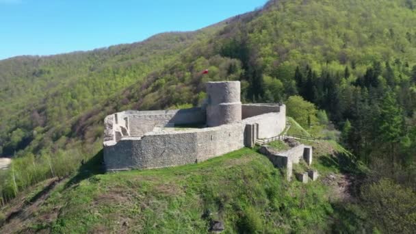 Ruinen Einer Mittelalterlichen Burg Rytro Zamek Rytrze Luftaufnahme Polen — Stockvideo