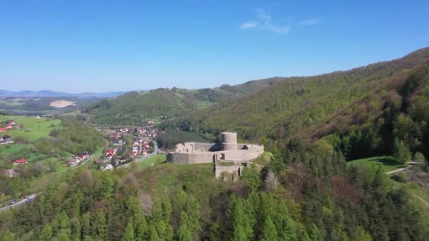 Ruinen Einer Mittelalterlichen Burg Rytro Zamek Rytrze Luftaufnahme Polen — Stockvideo