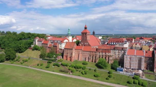 Grudziadz Polen Flygfoto Över Historiska Gamla Stan Från Floden Vistula — Stockvideo
