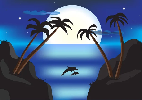 Paisagem noturna com mar, palmeiras, golfinhos e lua cheia —  Vetores de Stock
