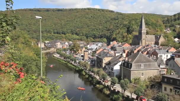 View from hill on belgian city La Roche-en-Ardenne — Stock Video