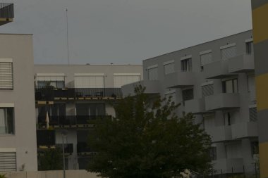 Gri şehir sükuneti, yakınlarda yeşillik olan kasvetli balkonlar, kentsel teraslar üzerindeki sessiz doğal ışık, Beton cepheler, barışçıl bitkiler ve gri gökyüzünün altında park edilmiş araçlar.