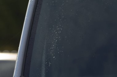 Huysuz ön camdaki yansıtıcı damlacıklar, boncuklu koyu renk araba ön camı ve yansıtıcı parıltı görüntüsü, su damlacıkları ve araç camında parlayan karamsar düşük kontrastlı sahne.