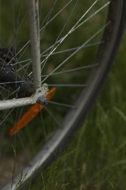 Çimenlerde huzur içinde yatan eski bisiklet tekerleği, güneş ışığında eski bisiklet tekerleği olan ülke manzarası, yemyeşil çayırlar arasında yıpranmış bisiklet tekerleğinin yer aldığı sakin kırsal bölge.