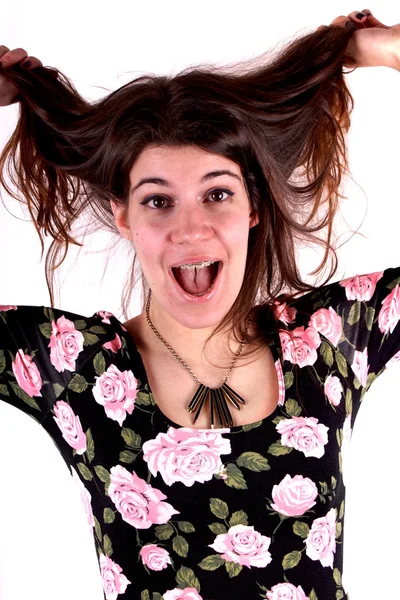 Studio shot of a young lady with dental appliance — Stock Photo, Image