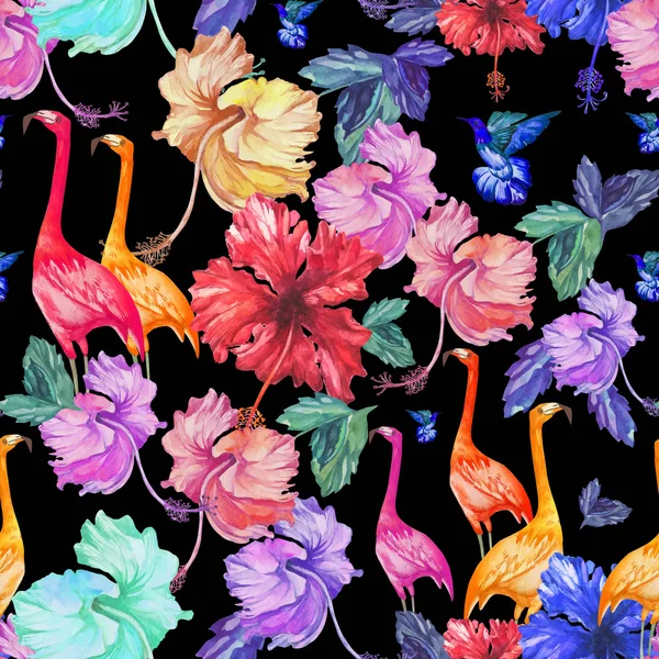 Patrón con flamencos y flores exóticas — Vector de stock