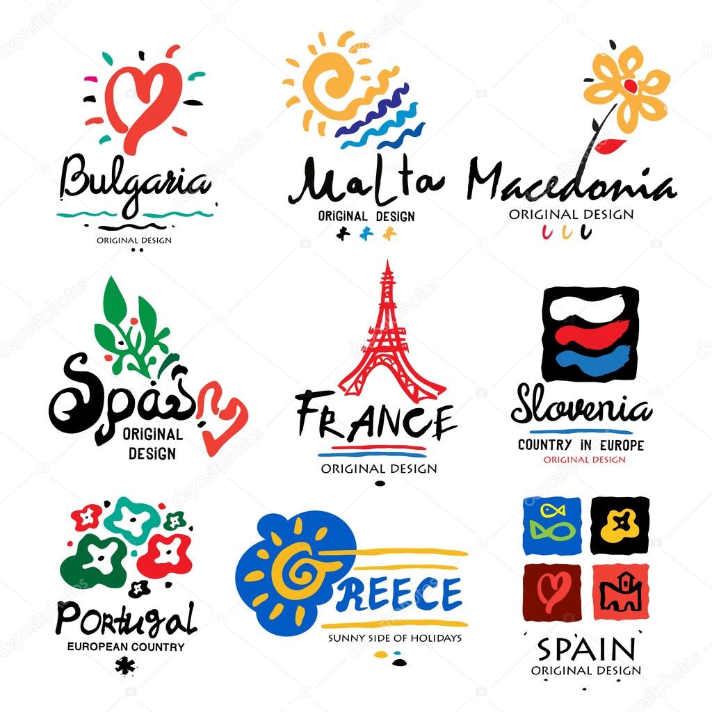 Europe logo. Logo Europe: Spain, France, Greece, Macedonia, Bulgaria, Slovenia. Logos of European countries, drawn by hand paint. Logo for travel agencies. Travel, holidays in Europe, icon, symbol