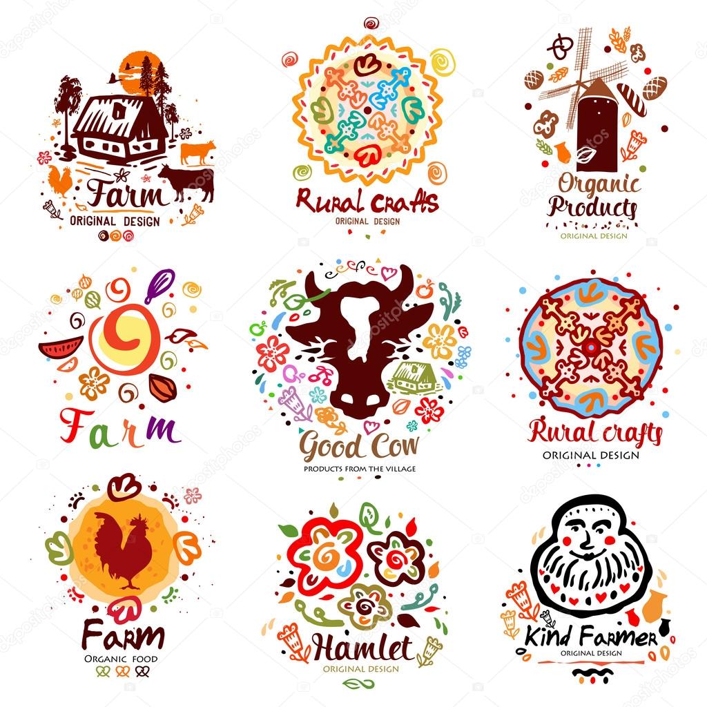 Farm logo. Hand lettering ink. Peasants farming and craft signs, symbols. Farm crop products the set of symbols and elements.