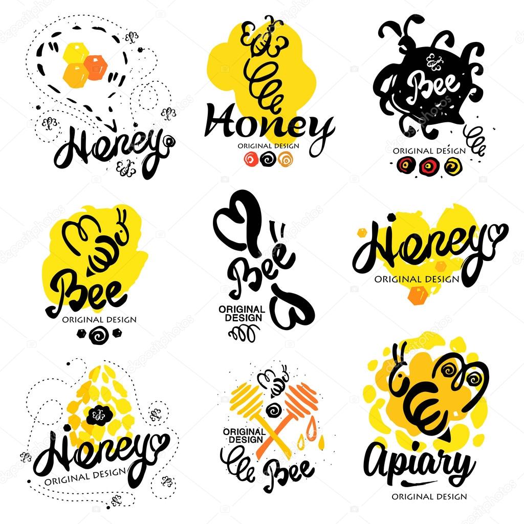Bee logo. Sweet honey logo. Handmade logotype on the theme of beekeeping. Natural bee products. Logos made by hand ink. Yellow spot of honey with the bee logo. Beehive with bees logo. Honeycomb logo