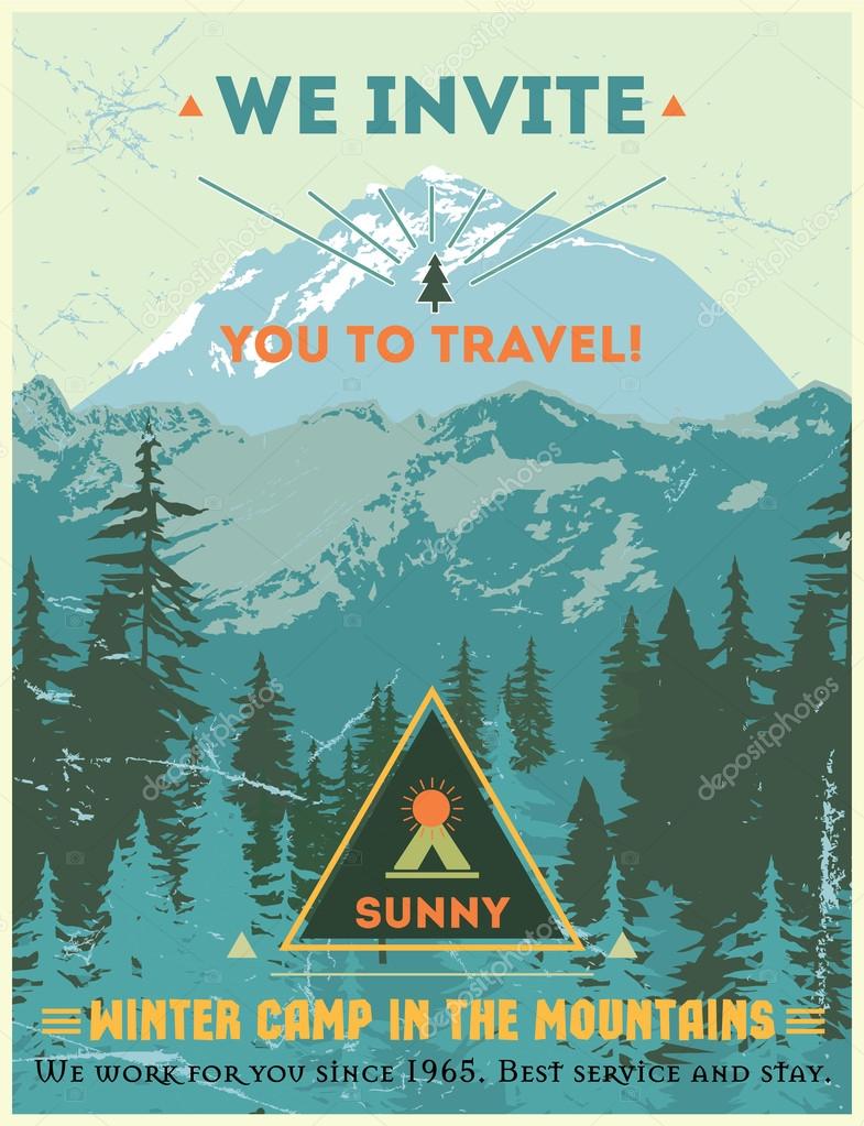 Vintage poster journey to the mountains. Retro design mountain camp outdoors. Retro Mountain logo design elements. Leaflet mountain. Poster mountains. Adventure travel poster.