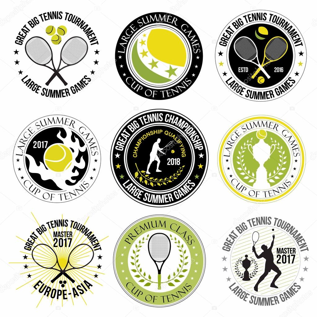 Set of great tennis logos, labels and badges. The design elements of the game of tennis racket, the ball, the tennis player, the Champions Cup.