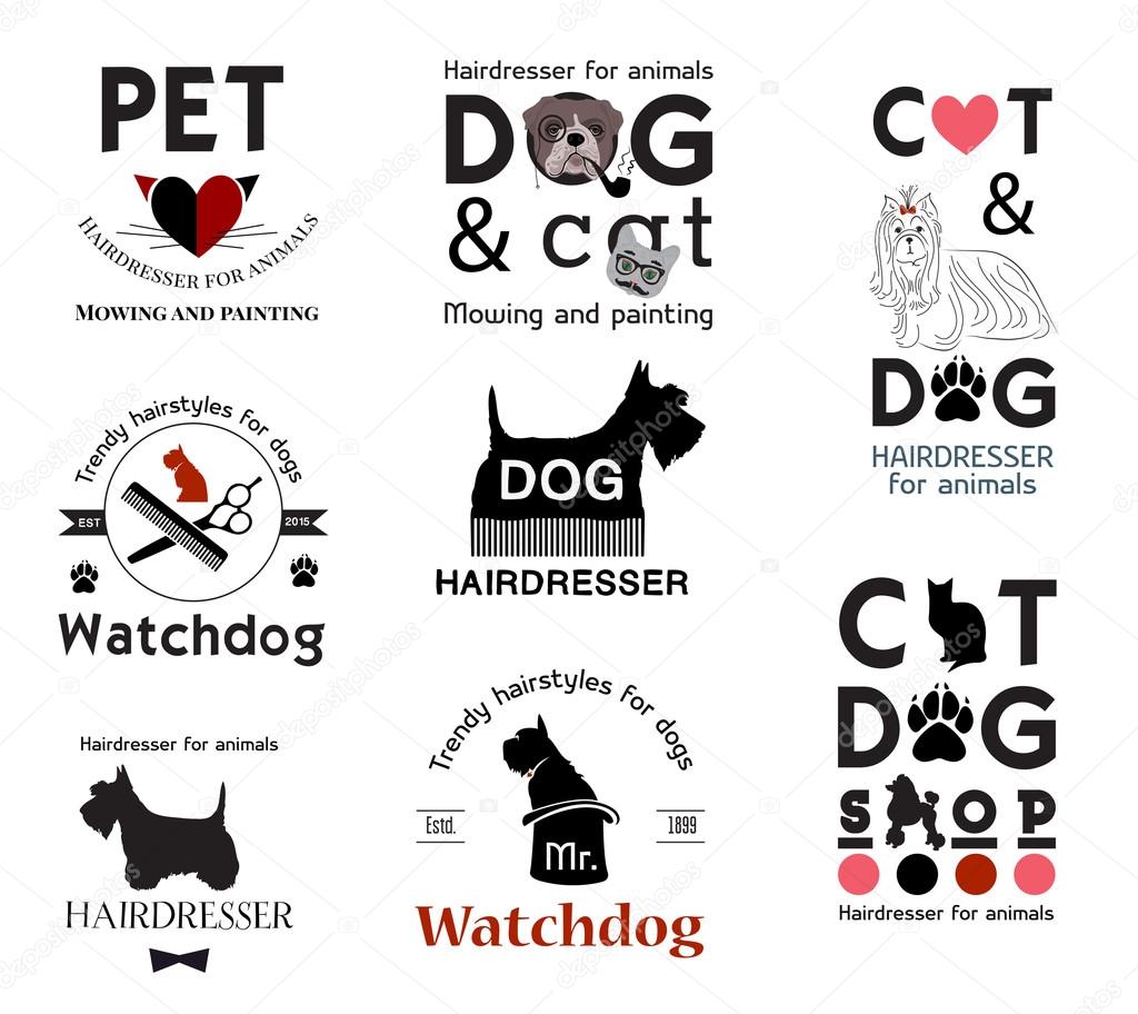 Pet grooming logo. Hair salon for animals logo labels badges.Trimming dogs logo design element. Animal care logo sign. Tools for dog grooming. Pet animal logo signs. Dog cat logo.Footprint animal sign