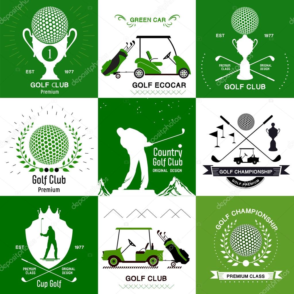 Labels and design elements Golf and electric vehicles for Golf. Set of retro Golf logos, emblems.