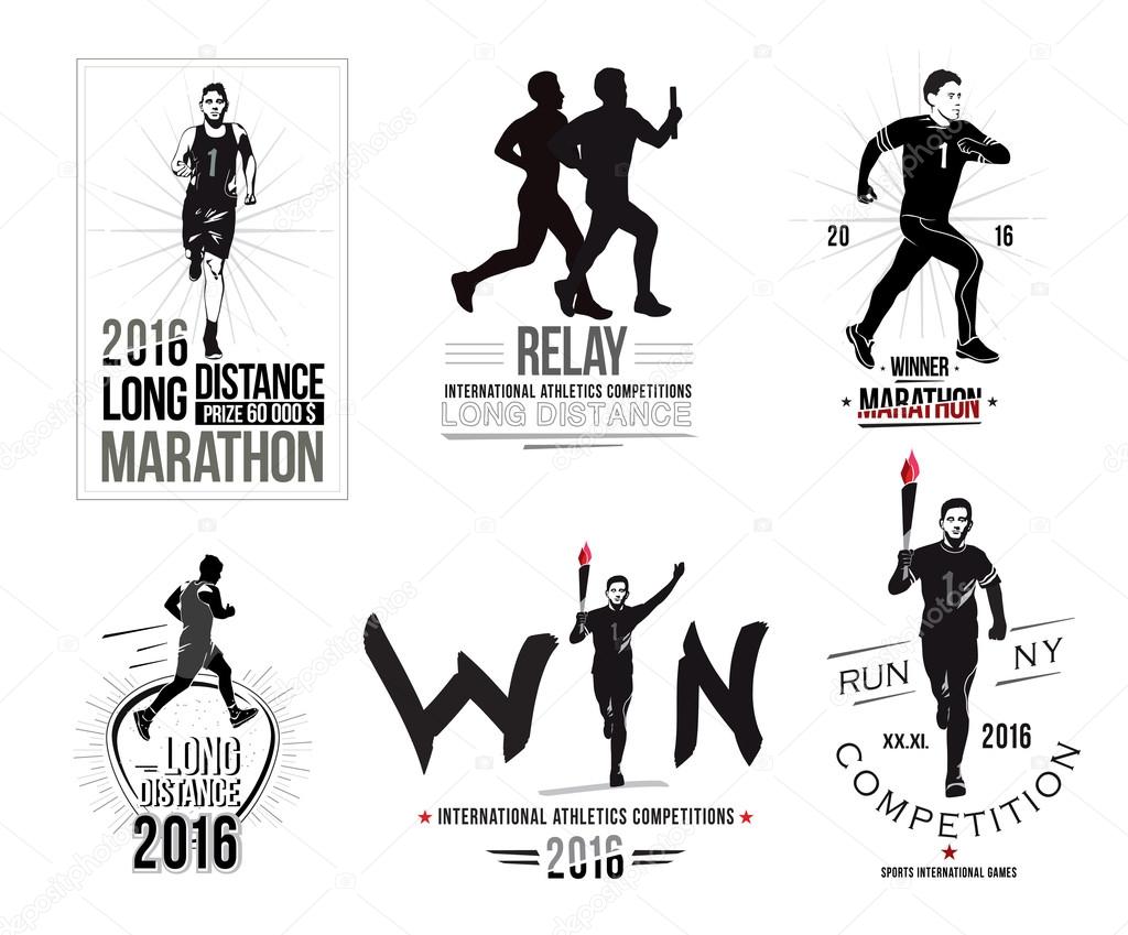 Set athletics logo and emblem. Design elements, labels: marathon, athletics relay, athlete with the torch.